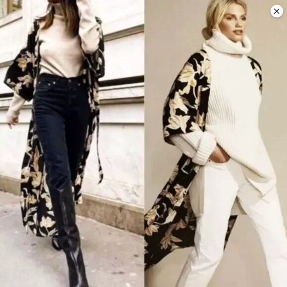 Maison Du Soir Selene Floral Kimono Cardigan/Dressing Gown, Black/Gold, Size S - Picture 6 of 6